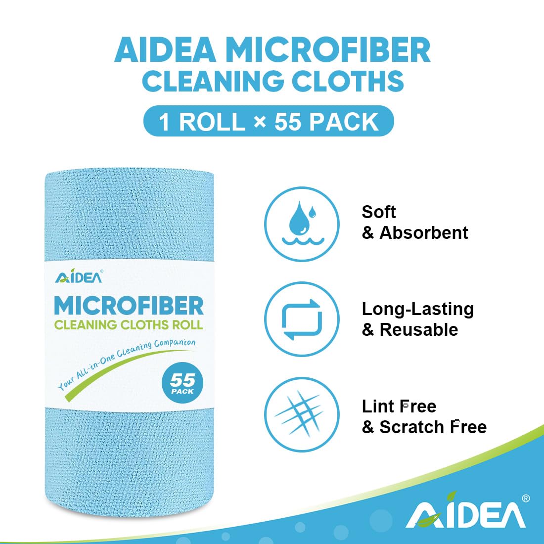 AIDEA Shop Towels 55 Sheets, Microfiber Cleaning Cloth Blue Shop Rags Washable, Microfiber Towels for Cars, Cleaning Rags Reusable Paper Towel for Automotive, Mechanic, Workshop, House, Kitchen,11×9"