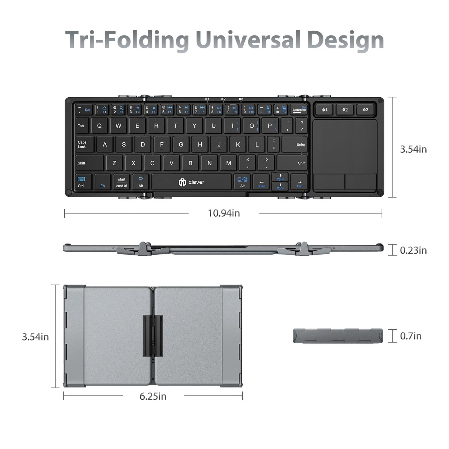 iClever Foldable Keyboard, BK08 Bluetooth Keyboard with Sensitive Touchpad, Multi Devices, Pocket-Sized Tri-Folding Portable Keyboard for iPad, iPhone, Smartphone, Laptop and Table