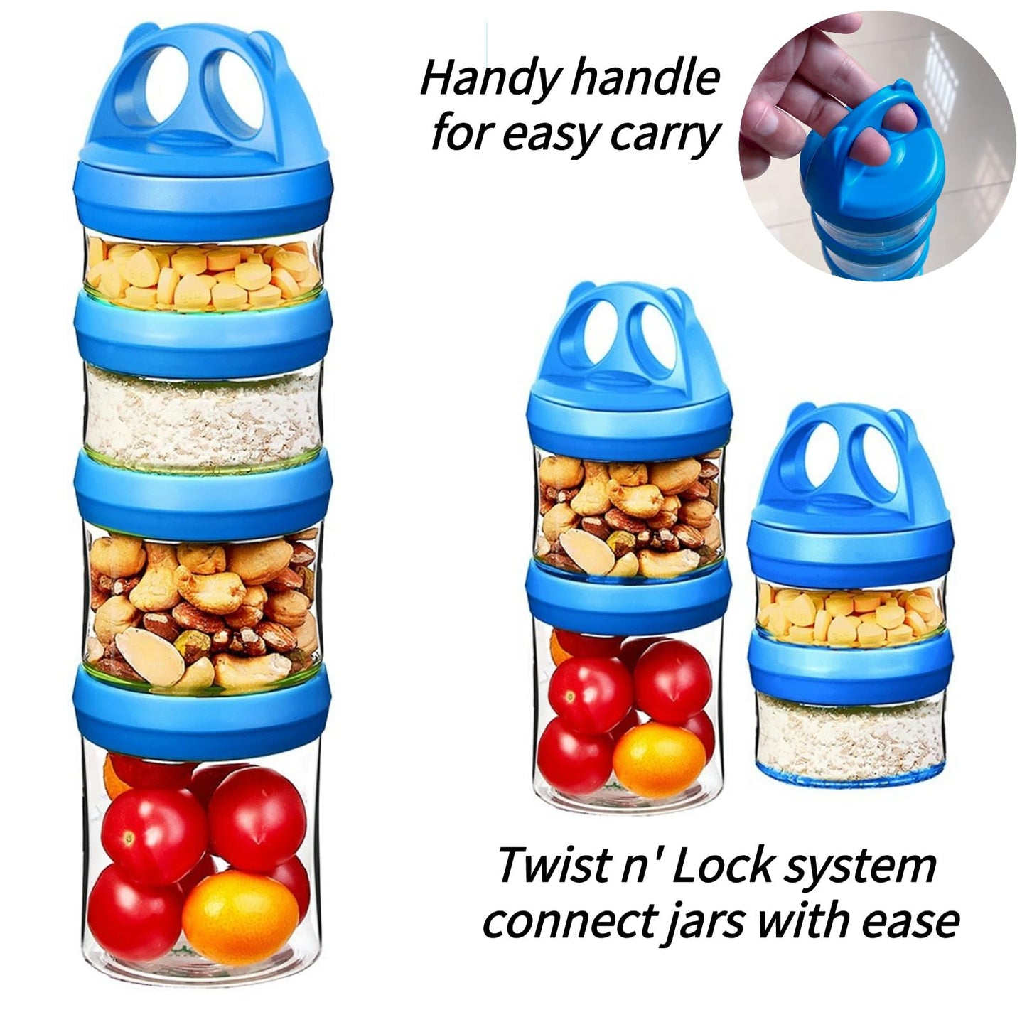 SELEWARE Portable Stackable Food Storage Containers for Snacks Formula Powder and Drinks Twist Lock System Airtight Leak-proof BPA and Phthalate Free Blue and Orange
