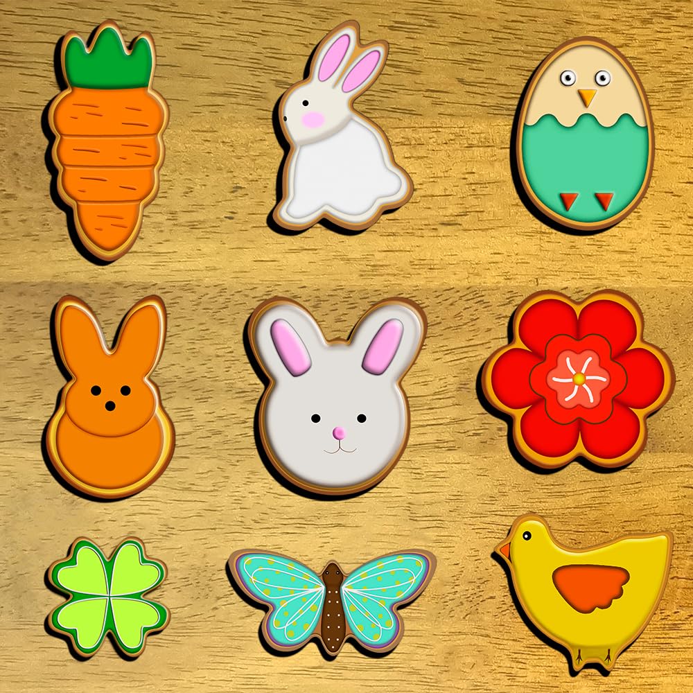 Easter Cookie Cutters Set - Bunny, Egg, Bunny Face, Rabbit, Butterfly, Flower, Chick, Carrot, Four Leaf Clover - 9PCS Easter Cookie Cutters - Large Easter Cookie Cutters for Spring Holiday Baking