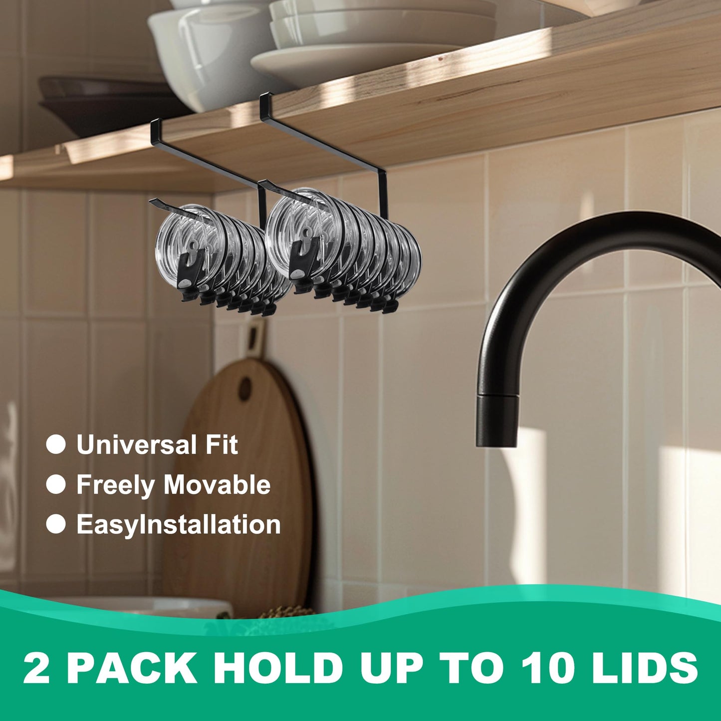 Tumbler Lid Organizers, 2PCS Cup Lid Storage Organizer, Ample Lid Capacity Up to 20 Lids, Clip-On Cup Lid Organizer for Saves Kitchen Space, No Adhesive No Drill, Hanging Paper Towel Rack Hanger