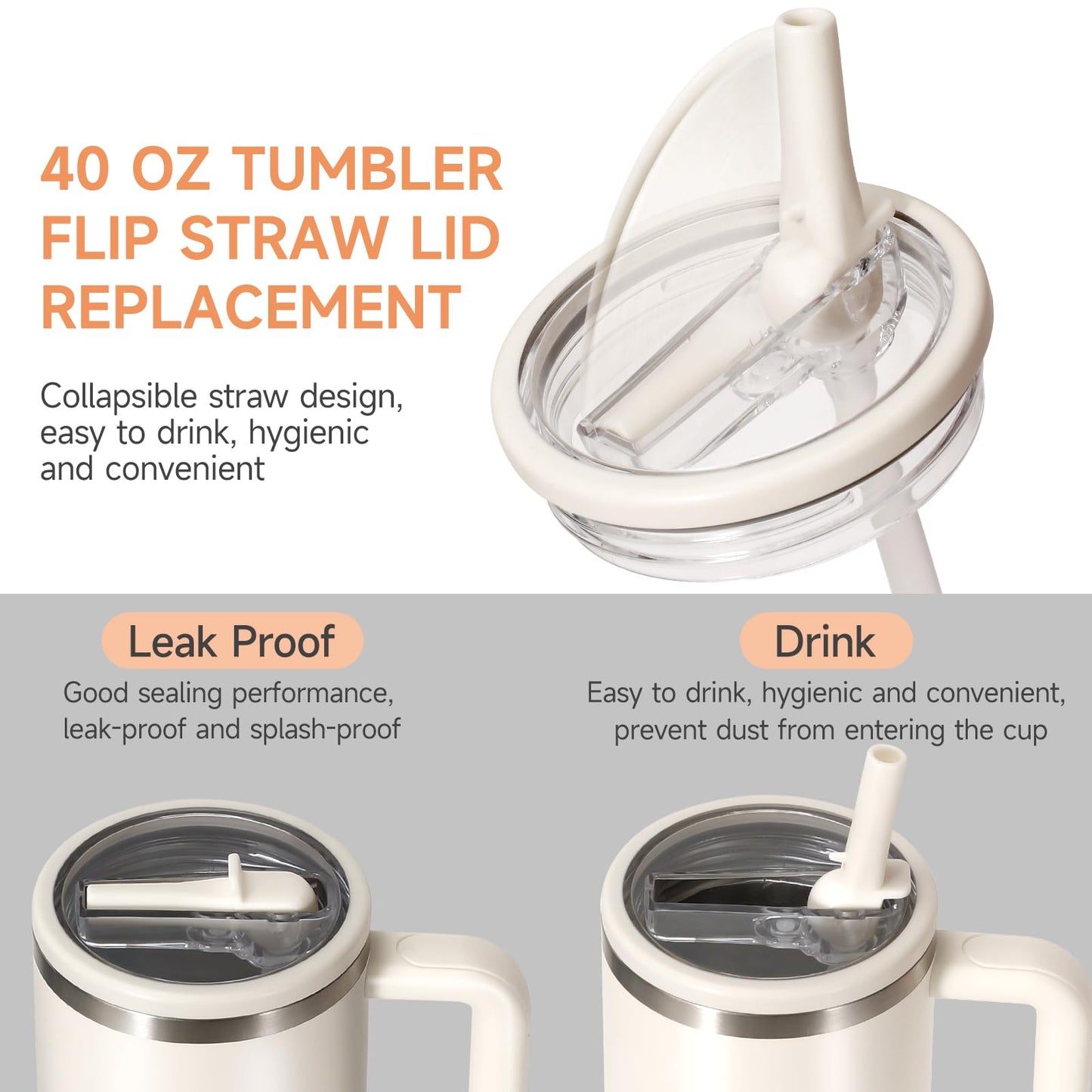 ANTAND 40oz Flip Straw Leak Proof Lid for Stanley H2.0 Quencher,2 Pack Tumbler Lid Replacement 40oz for Stanley Cup Accessories ProTour,No Spill Proof Straw Cover for Stanley Accessories(Beige,Matcha)