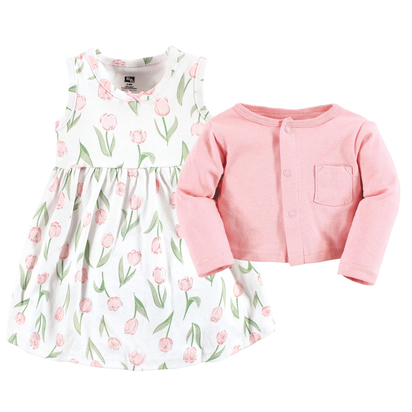 Hudson Baby baby girls Hudson Infant Girl Cotton and Cardigan Set, Pink Tulips, 5 Toddler Casual Dress, Pink Tulips, 4-5T US