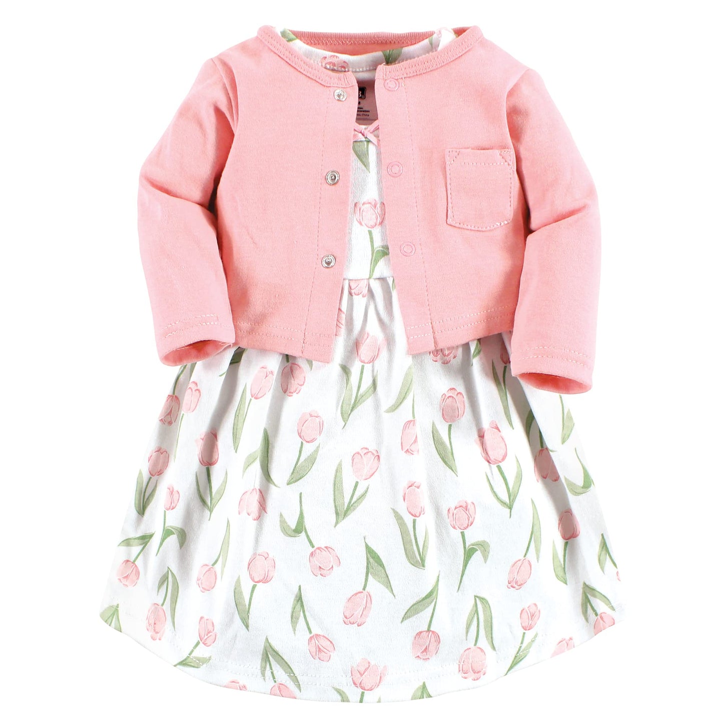 Hudson Baby baby girls Hudson Infant Girl Cotton and Cardigan Set, Pink Tulips, 5 Toddler Casual Dress, Pink Tulips, 4-5T US