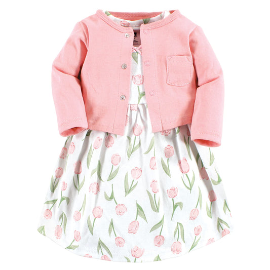 Hudson Baby baby girls Hudson Infant Girl Cotton and Cardigan Set, Pink Tulips, 5 Toddler Casual Dress, Pink Tulips, 4-5T US